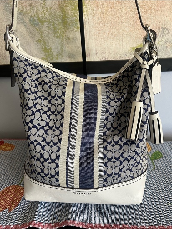 Coach Handbags - Coach Signature Canvas Stripe Hobo Duffle Bag in Navy and White